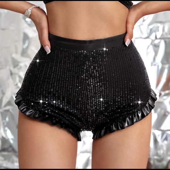 Black Sequined Ruffle Bottom Shorts - Picture 1 of 4